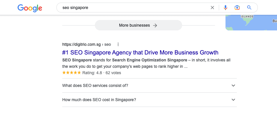 #1 for SEO Singapore on first page of Google search engine results pages - Digitrio 