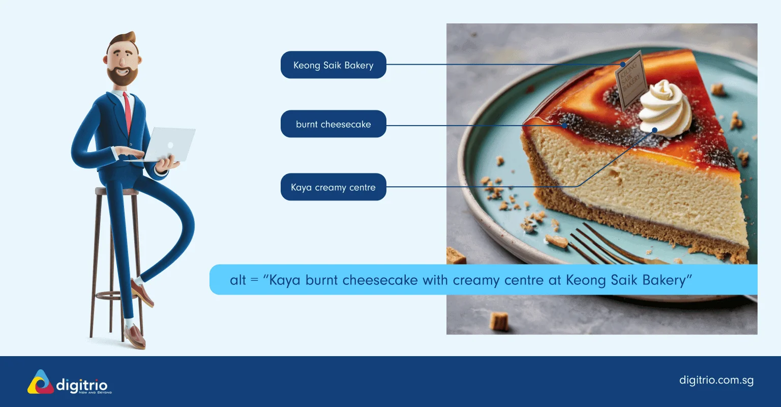 Alt text example of "Kaya burnt cheesecake with creamy centre at Keong Saik Bakery"