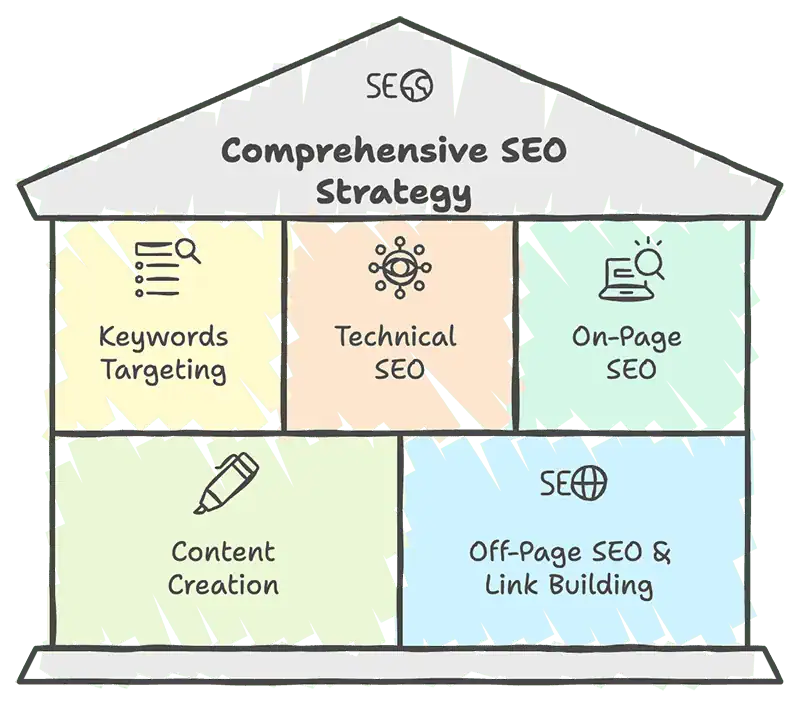 Comprehensive SEO Strategy Illustration by Digitrio Comprehensive SEO Strategy Illustration by Digitrio